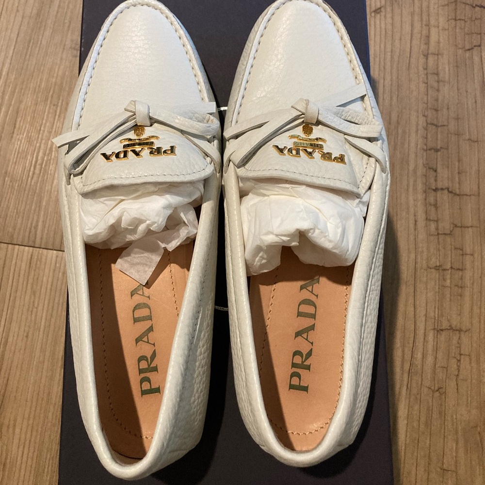 New Prada Leather Off-white Loafers US Size 6